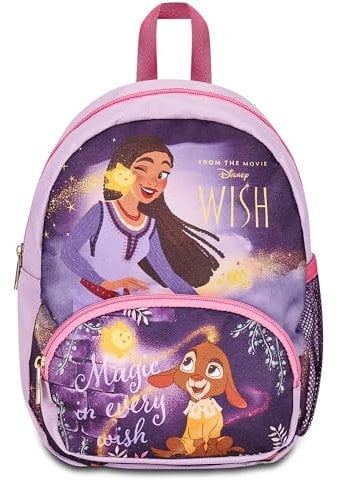 Disney Mochila para guardería pequeña, Wish, lila – Bolsillos laterales porta botella, bolsillo frontal, mochila guardería niña – Mochila escolar infantil – Princesas, multicolor, Mochila