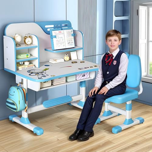iondelce Height Adjustable Kids Desk and Chair Set, Childrens Desk with Bookstand and Storage Drawer, Kids Study Table and Chair Set, Ideal for Study & Crafts (Blue B)