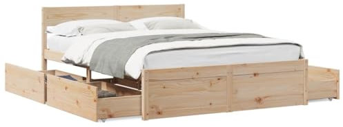 Keyroto Holzbett, Bett Holz, Bett, Bettgestell, Bettrahmen, Bett Gestell, Massivholzbett mit Schubladen 160x200 cm Kiefer