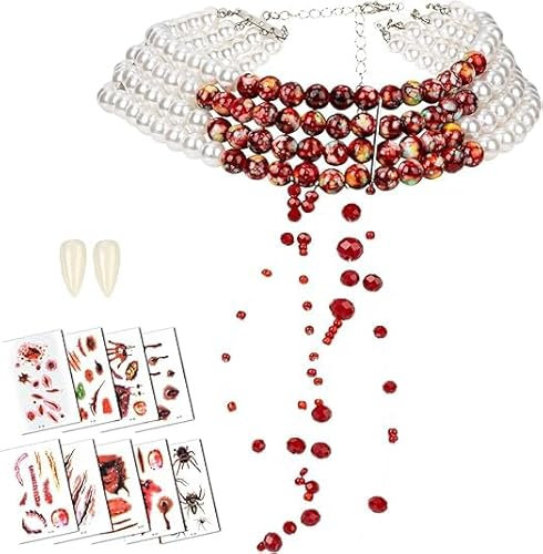 Blutige Perlenkette mit Vampirzähnen - Verstellbare Halloween Karneval Fasching Kostüm Accessoires für Damen