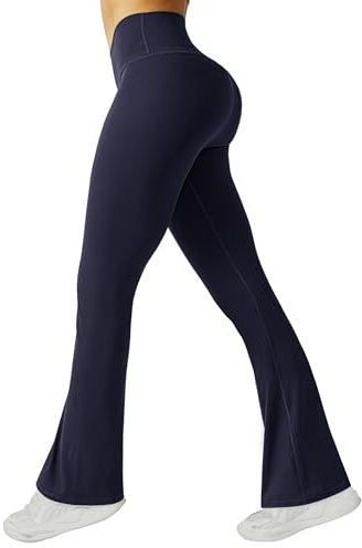 Friptspyg Damen Hose mit Taschen High Waist Yogahose Causal Jogginghose Elastische Sporthose Outfit Weite Bootcut Flared Leggings, Marineblau M