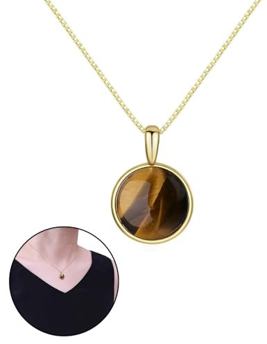 QLEUIFT Tigeraugestein, Halskette mit Anhänger aus Goldring und Opal mit Lünette, Damen 925s Halskette mit Medaillon Anhänger aus Edelsteine, 14K