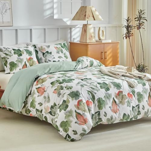 Lekesky King Duvet Cover Set - Green Maple Leaves Printed Microfiber Bedding 230x220 cm with 2 Pillowcases
