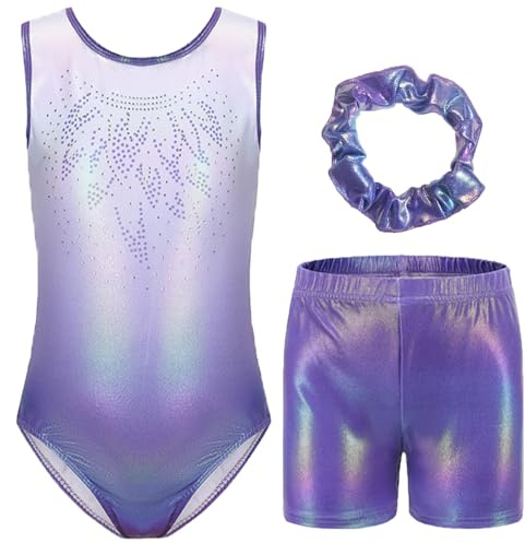 Boteria Dreiteilige Gymnastikanzug Mädchen Turnanzug Leotard Turnshorts und Haarband Set, Ärmellos Ballettröckchen Kleid Trikotanzug Gymnastik Outfit Set für 5-12 Jahre