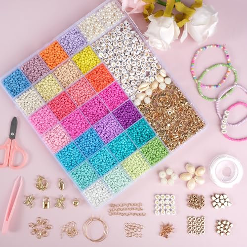 packra Perlen für Armbänder, 28 Farben Perlenset, 3mm Perlen zum Auffädeln, Buchstabenperlen & Zubehör, Armband Perlen Set DIY Schmuck selber machen