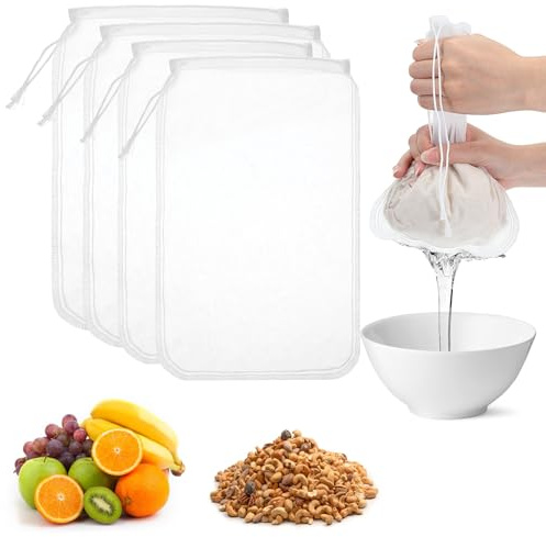 4PCS Reusable Nut Milk Bag, Food Strainer Nut Bags 8x12/10x12 Fine Mesh Nylon Cheese Cloth Bag with Drawstring for NutMilk, Cold Brew Coffee, Greek Yogurt, Tea and Juice