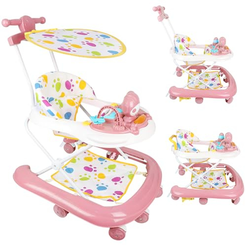 Girello per bambini con vassoio per attività musicali rimovibile, girello per bambini facilmente pieghevole, altezza regolabile, a partire da 6 mesi, 62 x 68 x 36-81 cm (rosa)