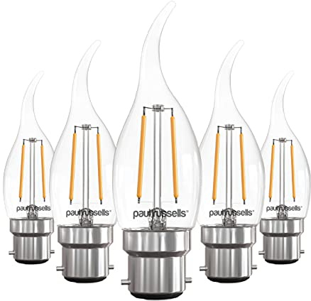 paul russells LED Flame Candle Filament Light – 2.5W 25W Equivalent Replacement, 250LM Lumens, 2700K Warm White, BC B22 Bayonet Cap C35T Bulbs – Bright Energy Saving Non-Dimmable Lamps - 5 Pack