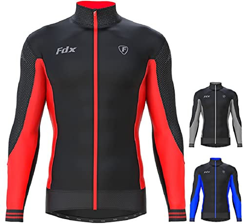FDX Men’s Thermodream Winter Cycling Jersey Long Sleeve, Water Resistant, Windproof, Thermal, Lightweight, Warm Super Roubaix Fabric, Cycle Top, Bicycle Riding Sports MTB Clothing (Red XL)