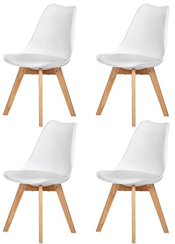 DORAFAIR 4er Set Esszimmerstühle skandinavisches Design mit Massivholz Eiche Bein und Kissen, Weiß