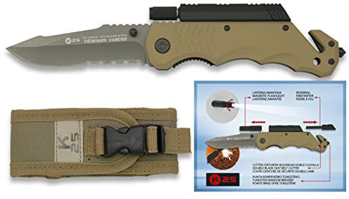 Navaja K25 pedernal y Linterna Hoja 9 cm para Caza, Pesca, Camping, Outdoor, Supervivencia y Bushcraft K25 19540 + Portabotellas de regalo