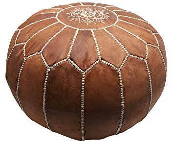 Horus Artesanía de Egipto Pouf Marokkanischer Echtleder puf - Handgefertigt - gefüllt geliefert - Ottoman Fußhocker, 55 cm Durchmesser - 35 cm Höhe (Cognac Braun)