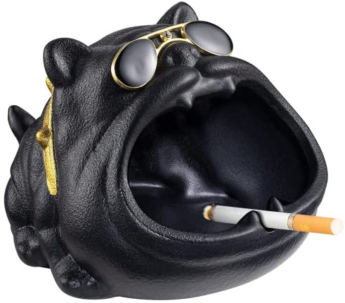 SOMGEM Outdoor Ashtray for Cigarette, Cool Ash Tray Sets for weed, Decorative Fancy Ashtrays of Black Bully Dog Design, Ceramic Desktop Ash Holder for Patio Home Office, Great Gift for Men Women