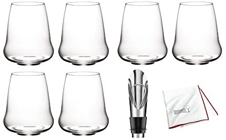 Riedel SL Stemless Wings Wine/Champagne Glass (6-Pack) with Cuisinart Wine Pourer and Microfiber Polishing Cloth Bundle (5 Items)