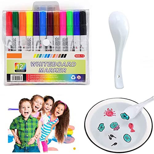 CENPENYA Magical Water Painting Pen, Water Doodle Pens, Erasable Floating Pen Colouring Pens Interesting Markers with Ceramic Spoon for Kids Adult Games (Size : 12PCS)