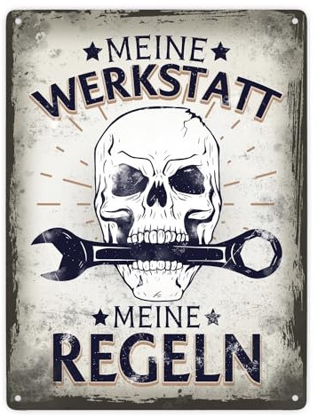 Meine Werkstatt meine Regeln mit Totenkopf Metallschild XXL in 28x38 cm als Geschenk für alle Tüftler und Bastler als Türschild für die Werkstatt um die Liebe zum Heimwerken zu
