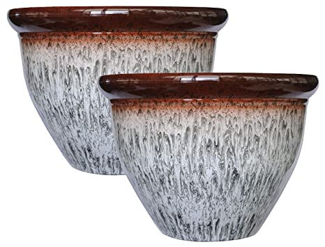 simpa Two Colour Tone Drip Glaze Effect Plastic Planter Pots - GREY, Set of 2 Pots - 22cm (H) x 30.5cm Diameter