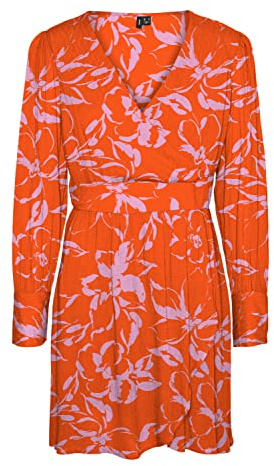 Vero Moda Women's VMPOLLIANA LS Short Dress WVN Kleid, Scarlet Ibis/AOP:Polliana, M