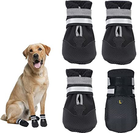 Dricar Dog Shoes, Set of 4 Dog Boots for Injured Paws, Waterproof Anti Slip Dog Shoes for Walking, Paw Protectors with Reflective Straps for Medium Large Dog (L, Black)