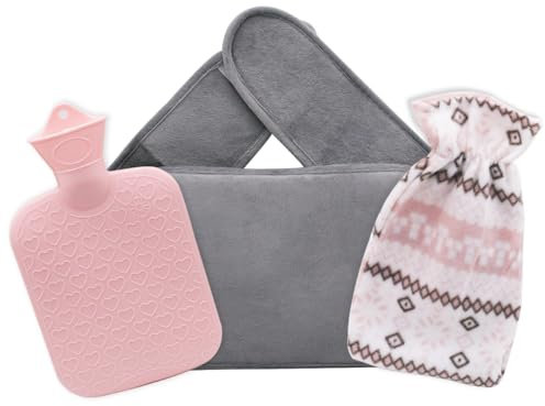 Hot Water Bottle, 3Pcs Hot Water Bottle with Cover, Hot Water Bag, Prime Natural Rubber & Soft Artificial Plush Fur Water Cover, Help for Pain Relief, Waist, Back, Neck and Shoulders (Grey)
