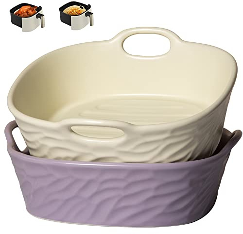 RllyGrt 2 Stück Keramik-Luftfritteuseneinlagen, quadratisch, wiederverwendbare Luftfritteusen-Töpfe für 5 QT oder größer, leicht zu waschende Airfryer Liners wiederverwendbar (Lila + Weiß)