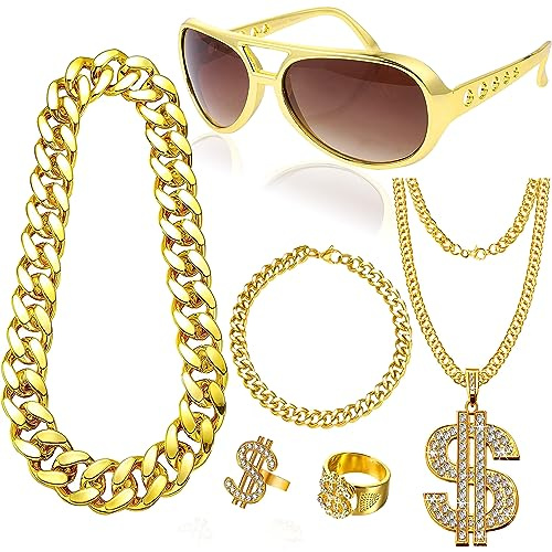 6Pcs Hip Hop Costume Set, Rapper Hippie Accessories with Golden Chain Necklace Disco Dollar Sign Rings Retro Sunglasses Bracelet Fancy Dress for Women Men 80s 90s Carnival Party Supplies