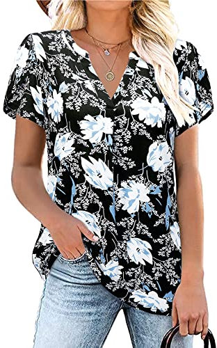 Siddhe Damen Bluse Elegant Festlich, Sommerbluse Damen Leicht Elegante Longshirt Baumwolle Tunika Sommer Kleidung für Damen V-Ausschnitt Arbeitsblusen Damen Oberteile Sommer Tunika Damen Blummen, XXL