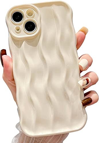 EYZUTAK 3D Water Ripple Pattern Case for iPhone 13 6.1 inch, Solid Color Cute Curly Waves Frame Shape Phone Case Glossy Shockproof Soft TPU Anti-scratch Phone Cover Slim Bumper Case - White