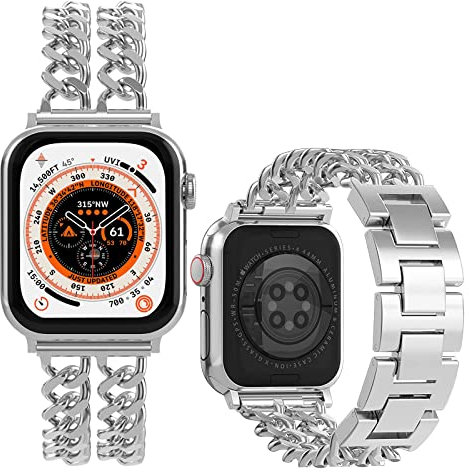 Miimall Compatible avec Apple Watch Série 9/8/7/6/5/4/3/2/1/SE 2/SE/Ultra 2/Ultra 49mm 45mm 44mm 42mm Bracelet Double en Métal Femmes Hommes pour iWatch 42/44/45/49mm (Argent)