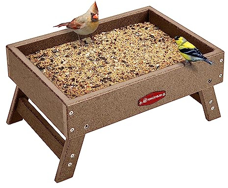 Kingsyard Boden-Vogelfutterhaus für den Außenbereich - Plattform-Futtertablett aus recyceltem Kunststoff für Wildvögel, Eichhörnchen, Hühner, 2,3 kg große Kapazität, Braun