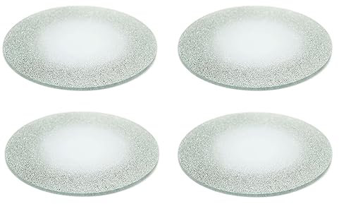 Set Of 4 Round Glitter Glass Mirror Candle Plate Stand | Silver Sparkle Candles Coaster Vanity Perfume Tray 15cm | Decorative Silver Glass Display Tray