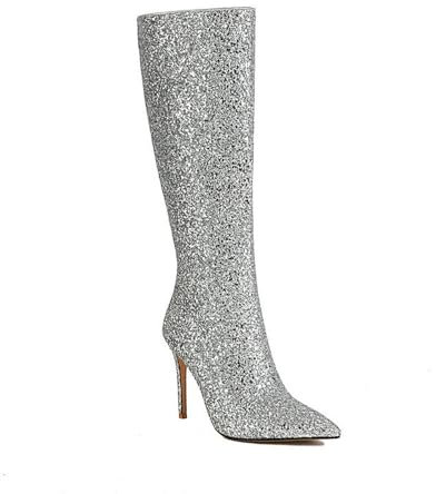 Stivali Alti al Ginocchio da Spettacolo pazzesco con Paillettes in Metallo da Donna, Stivali Alti con Cerniera Laterale con Tacco a Spillo, Stivali Alti da Discoteca,Argento,39
