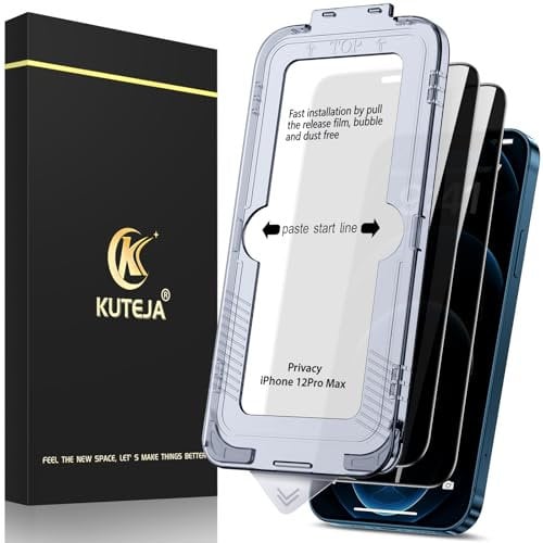 Kuteja 2 Pack Privacy Screen Protector for iPhone 12 Pro Max 6.7 inch, Anti-Spy Tempered Glass Film with Auto Dust-Elimination Installation Tool, Military-Grade Protection/Full Coverage