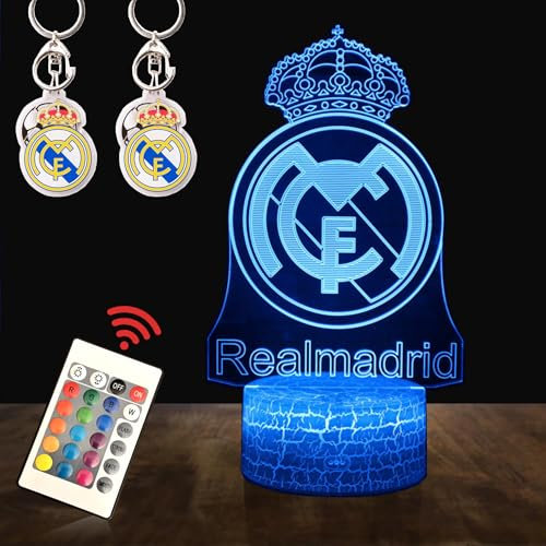 Pack Lámpara 3D escudo madrid + 2 llaveros de REGALO del madrid con pelota | Incluye mando a distancia con un total de 16 colores de iluminación | Regalo ideal para niños y adultos