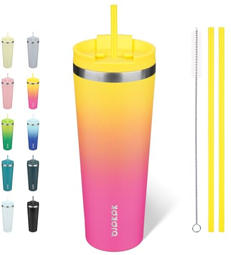 BJPKPK 26oz Stainless Steel Insulated Tumbler with lid and Straw Travel Coffee Mug Thermal Tumblers Cup for Women and Men,Pink Yellow Rose
