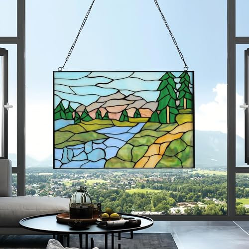 YOURANJU Rectangular Stained Glass Window Hanging Tiffany Style Handmade 16 X 11 Pine Scenic Transom Window Panel Housewarming Gift Living Room Bedroom Kitchen Window Decor Hangings with Chain