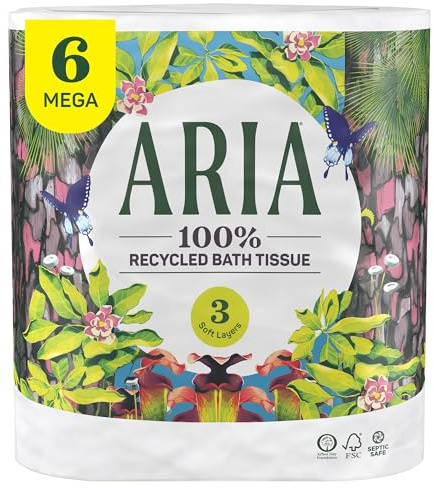 Aria Papier toilette 100 % recyclé, 1 paquet de 6 rouleaux, 3 couches douces de papier de bain avec emballage en papier recyclable