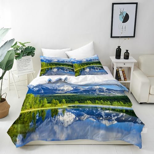 ANHOPE Landschaft See Wald Berg Bettwäsche Set 3 Teilig Bettbezug 240x220 cm + 2 Kissenbezug 80x80 cm Weich Microfaser Bettbezüge Set mit Reißverschluss Ganzjahres Bettdeckenbezug Set