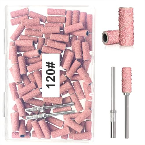 BLESWIN 100 bandas de lijado pequeñas con broca de mandril de 3 mm mejorada, grano 120 para uñas acrílicas, eliminación de uñas de gel, cinturón de lijado profesional para manicura y pedicura, color