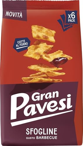 Gran Pavesi Cracker Le Sfogline Gusto Barbecue, Cotte al Forno, Snack Salato e Croccante, Senza Olio di Palma, Confezione da 6 Monoporzioni da 30g