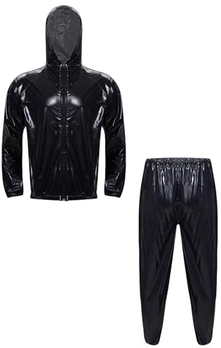 TiaoBug Herren Wetlook Jacke Kapuzenjacke mit Reisverschluss + Lange Lack Leder Hose Dehnbund Sporthose Jogginghose Jogger Pants Zweiteiler Sportbekleidung Set