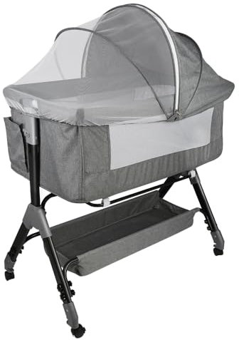 HUOLE 3 in 1 Beistellbett & Babywiege & Reisebett, 4-stufig Höhenverstellbares Babybett, neigbar, Kinderbett, Stubenwagen für Babys bis 25kg belastbar-104 * 52 * 100-110cm – Leinengrau