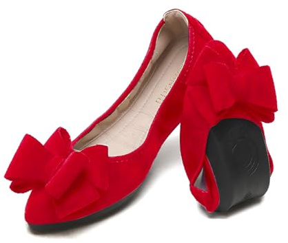 YOUNIFIZ Women Ballet Flats Foldable Fashion Bowtie Comfort Pointed Toe Slip On Ballerina Ladies Casual Comfort Faux Suede Loafers (Christmas Red,Size 5.5)