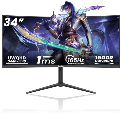 Sealan UWQHD 34-Inch Curved Gaming Monitor, 165Hz, 3440 x 1440, Ultra Wide, 1500R, 21:9 Display, Pip/PBPm, HDR400, 4000:1 Contrast, Tilt, Swivel and Height Adjustment.