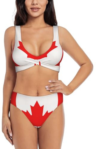 Maillot de bain deux pièces taille haute imprimé drapeau canadien, bikini pour femme, bikini triangle à coupe haute, Noir , XXL