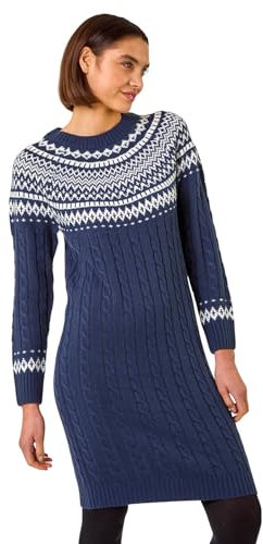 Roman Thick Jumper Dress for Women UK Ladies Fairisle Aztec Knitted Knit Sweater Knitwear Autumn Winter Holiday Round Neck Long Sleeve Soft Knee Length Sweat Warm Thick - Navy White - Size 18