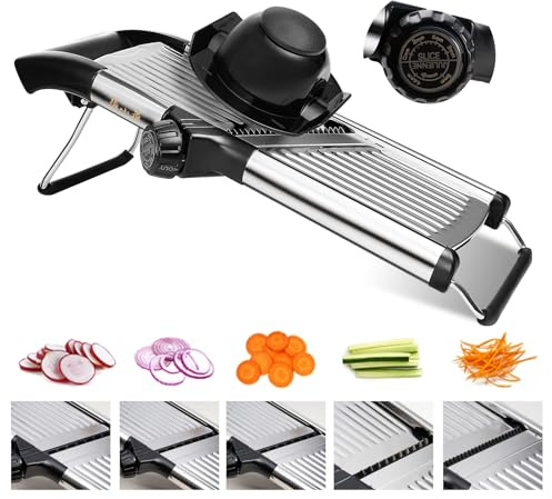 Mandolina de Cocina 5 en 1 Ajustable Manual, Cortador de Verduras Acero Inoxidable con Protector de Mano, Rebanadora Multifunción para Patatas, Pepinos, Cebollas, Frutas