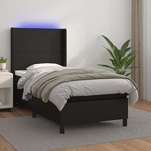 OHOOWOO Boxspringbett mit Matratze & LED Schwarz 90x200 cm Kunstleder,Exklusives und Komfortbetontes Boxspringbett mit Matratze, LEDStreifen und verstellbarem Kopfteil in edler Lederoptik