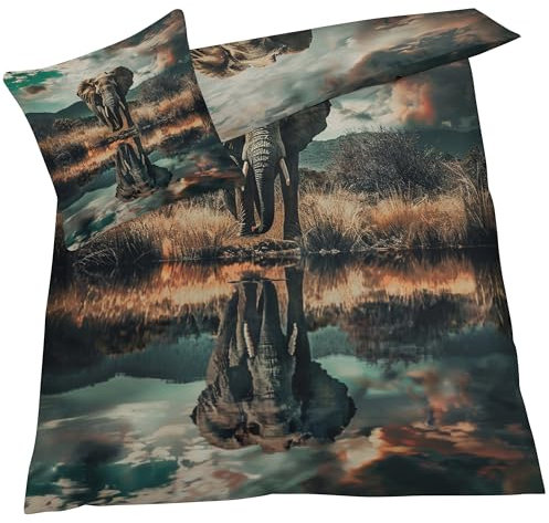 YELDAN Elefant Bettwäsche 155x220, Afrika Tiere Bettbezug 155x220 3er Set, Wendebettwäsche und Kissenbezug, Weiche & Atmungsaktive Mikrofaser Bettwäsche-Sets