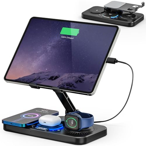 Padwa Lifestyle Soporte Tablet, iPad Stand con Carga Inalámbrica, Tablet Stand con Ajuste Giratorio Multiángulo, Soporte iPad para Tablets y Teléfono Móvil